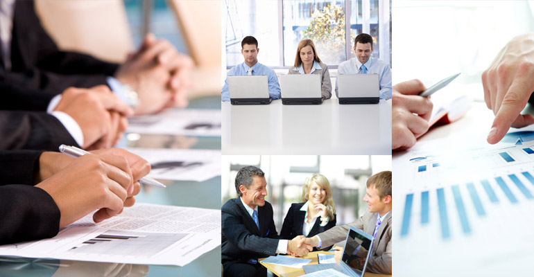 A colour picture showing clients working with Bridgegate Publishing.